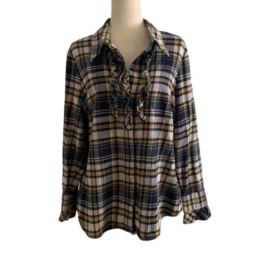 Cabi Plaid Ruffle Front Top L Long Sleeve Western Boho Seattle 100% Cotton